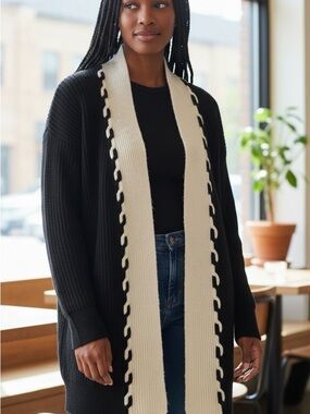 Express Open-Front Black Cardigan with Cream Contrast Trim